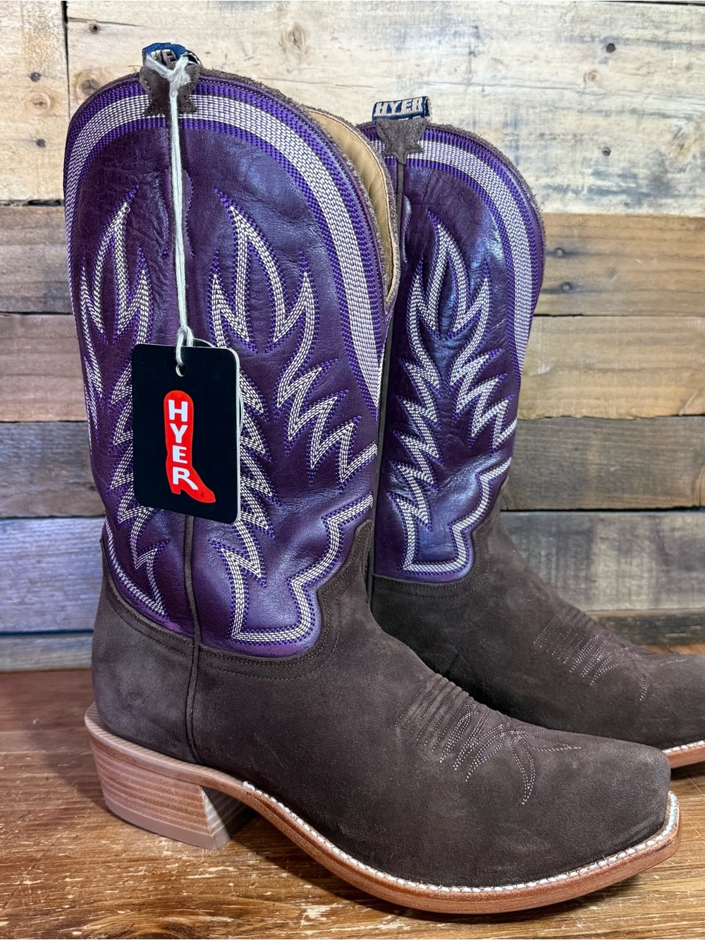 Hyer Leather Cowboy Boots - Hyer Boots Brown Suede and Purple Leather West